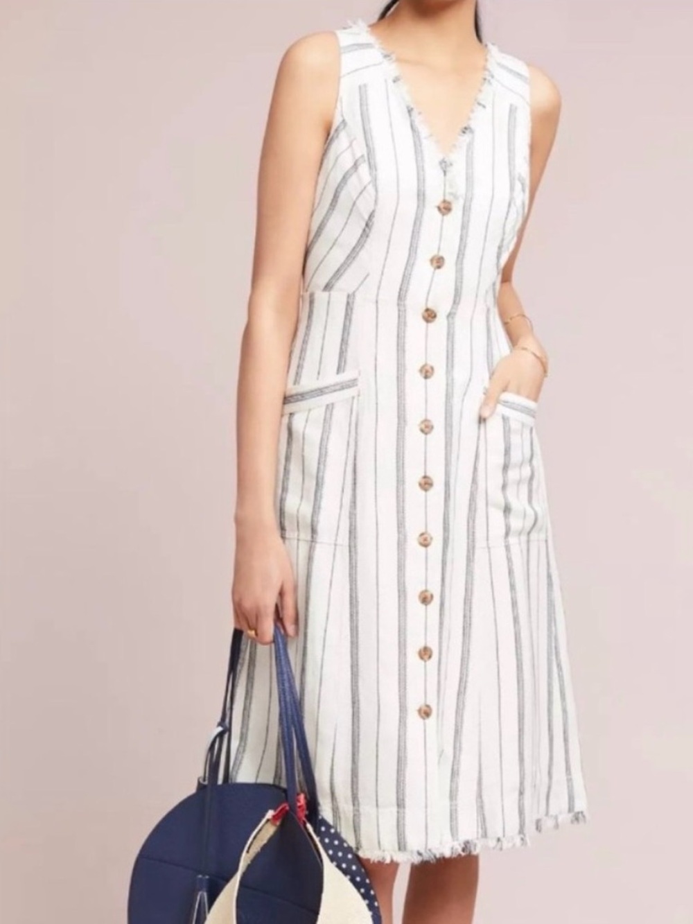 Anthropologie Maeve Leslie Sz 16 Textured Striped Button Down V Neck MIDI Dress